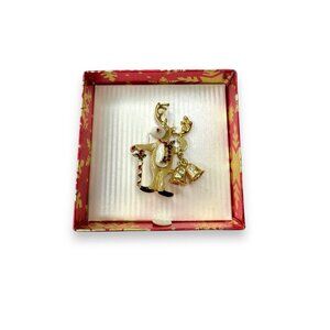 Reindeer Brooch Gold Tone Enamel Holiday Jewelry Macys New In Box